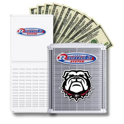 ReliableAir HVAC system unit with University of Georgia bulldog logo and fan of US dollar bills behind it.