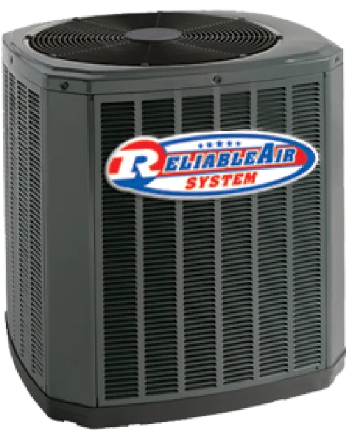 Gray outdoor HVAC unit with Reliable Air System logo on front panel under fan grille top