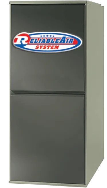 Reliance ReliableAir System HVAC unit in gray with blue and red logo on top section.