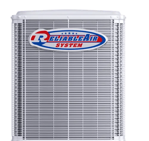 Front view of a Reliable Air System HVAC unit with metal grille and brand logo on a white background
