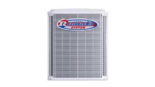 Front view of a Reliable Air System HVAC unit with metal grille and logo on a white background.