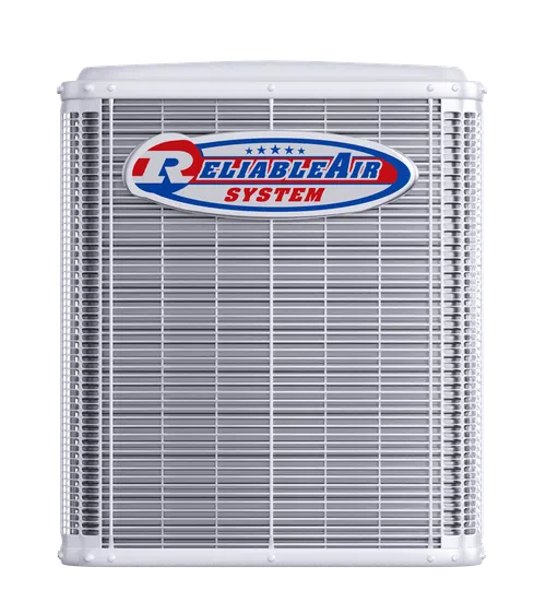 Front view of a Reliable Air System outdoor air conditioning unit with metal grille and logo.