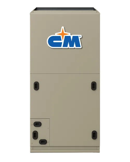 CM branded beige commercial HVAC unit with vents and access panels, viewed from the front.