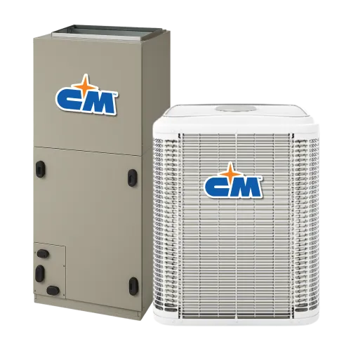 Two Carrier HVAC units side by side with the CM logo, including an air handler and an outdoor condenser compressor.