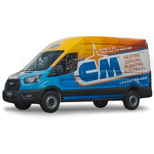 CM Heating service van with bright blue and orange branding advertising heating, cooling, plumbing, and electrical services.