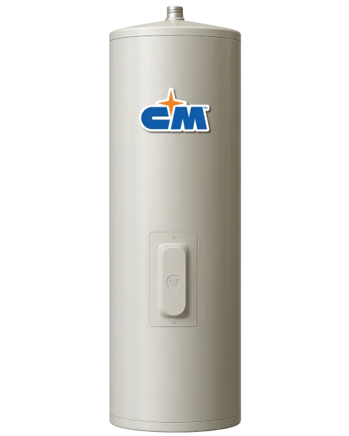 Tall beige water heater tank with CM logo and central control switch on front surface.
