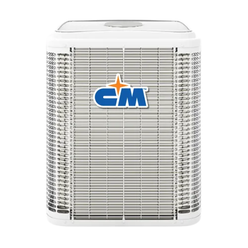 White outdoor air conditioning unit with CM logo and metal protective grille on black background.