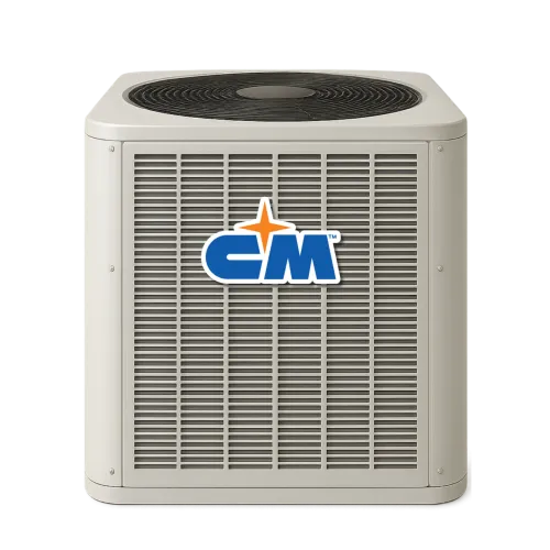 Gray outdoor central air conditioning unit with CM logo on front grill under black fan cover.