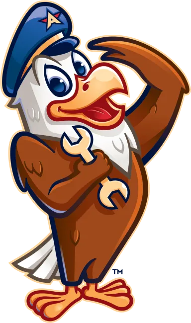Cartoon eagle wearing a blue cap holding a wrench, smiling confidently with one wing raised.