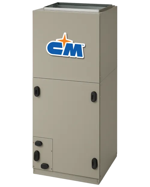 Tall beige HVAC air handler unit with CM logo and black handles on access panels.