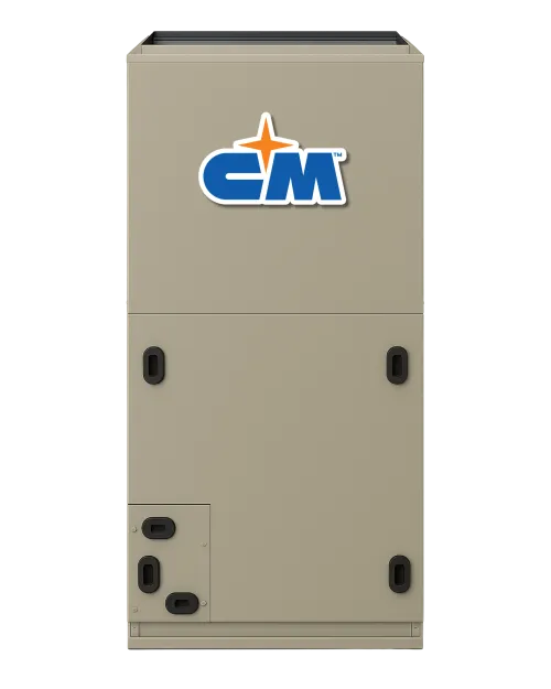 Commercial CM brand HVAC unit in beige with visible vents and logo on front panel.