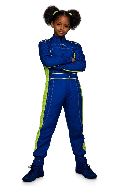 Young girl with afro puffs wearing a blue and yellow racing suit with arms crossed confidently.