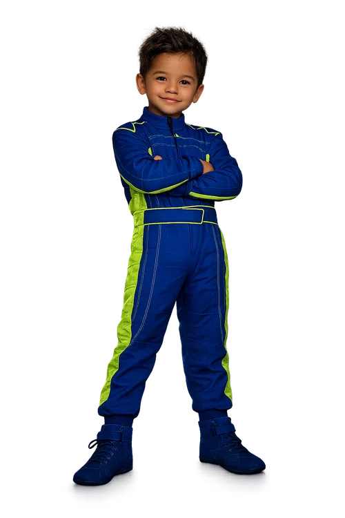 Smiling boy in a blue and neon green racing suit standing confidently with crossed arms.
