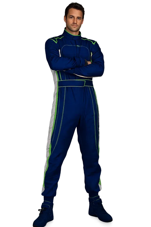 Man in blue and green racing suit with arms crossed standing confidently against black background