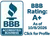 BBB Accredited Business logo with A+ rating valid until 10/8/2026 and invitation to click for profile details