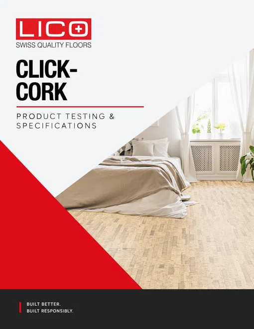 Modern bedroom with beige bedding and natural cork click flooring by Lico Swiss quality floors.
