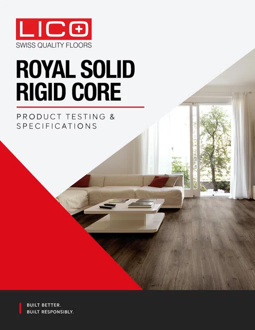 Modern living room with beige sofa and dark wood Lico Royal Solid Rigid Core flooring under bright natural light.