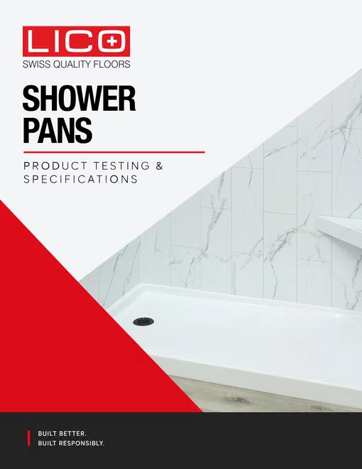Lico Swiss Quality Floors Shower Pans product testing and specifications brochure with a modern shower pan image.