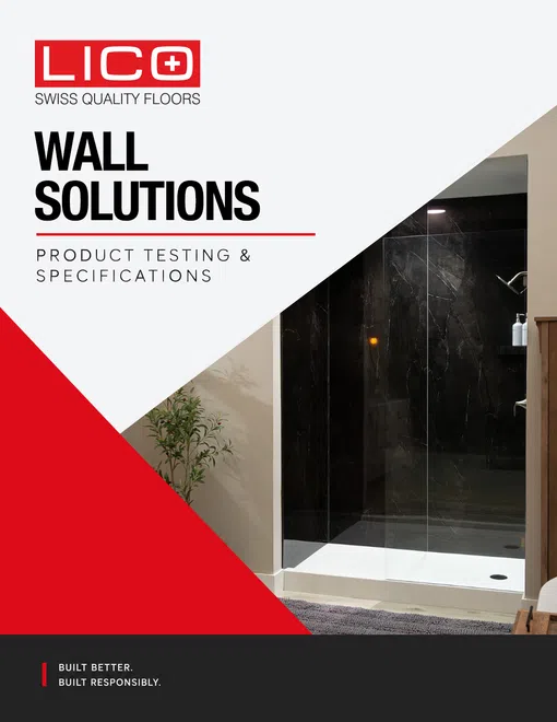 Lico Swiss Quality Floors wall solutions brochure with modern shower enclosure and plant in a bathroom.