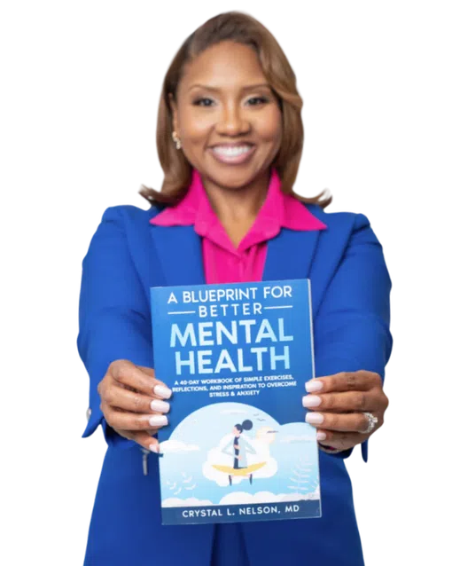 Smiling woman in blue blazer holding book titled A Blueprint for Better Mental Health by Crystal L. Nelson