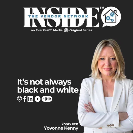Professional woman in white blazer standing with arms crossed beside text about Inside Vendor Network podcast.