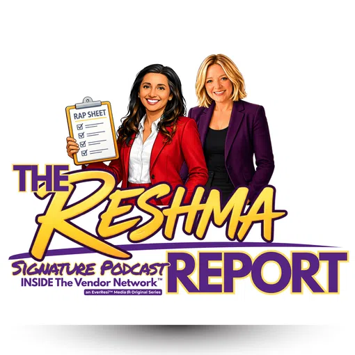 The Reshma Report podcast logo featuring two women, one holding a rap sheet clipboard, with bold text branding.