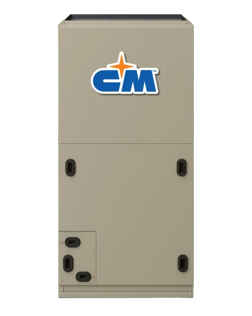 Gray heating and cooling unit with CM logo and multiple inlet and outlet ports on the front panel.