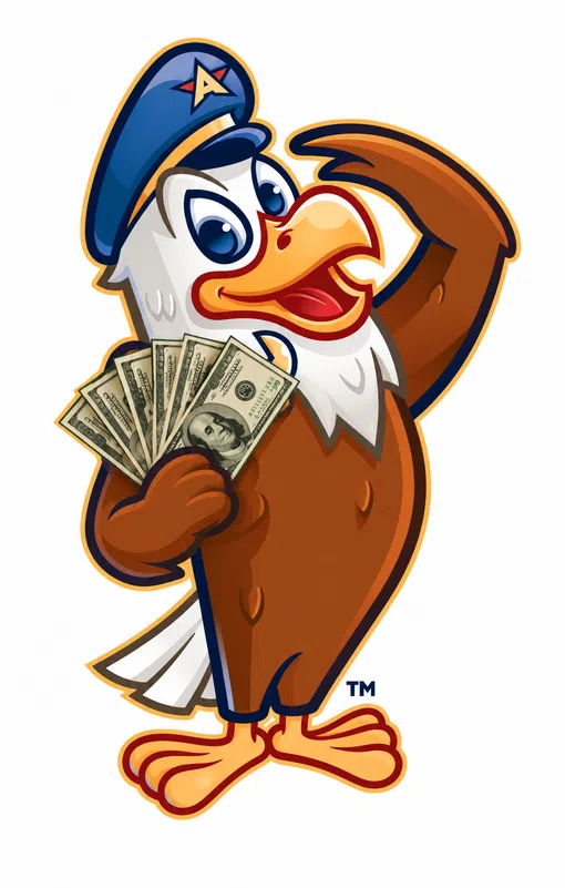 Cartoon eagle wearing a blue cap holding cash fanned out, saluting with a cheerful expression.