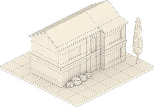 3D wireframe model of a two-story house with a tiled base, shrubs, and a tall tree beside it