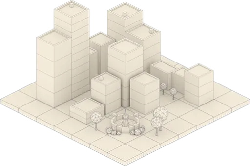 Isometric 3D city block with multiple tall buildings, trees, and a central fountain on tiled pavement.