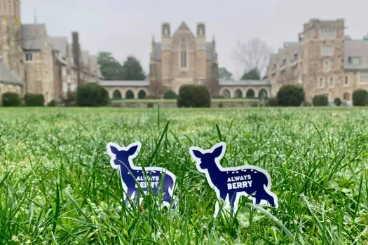 Two Always Berry baby deer magnets in the grass in front of Ford Complex