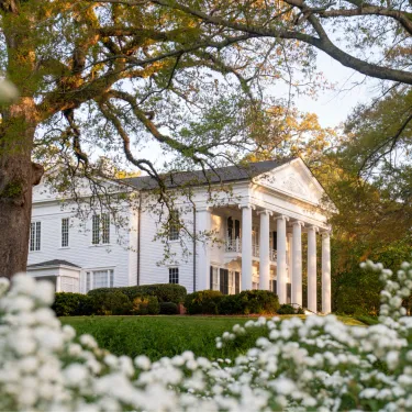 a white house with columns and a large front yard