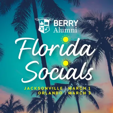 a group of palm trees with the Berry Alumni logo