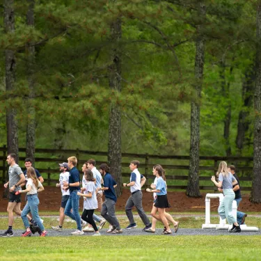 a group of people walking on a path in a park