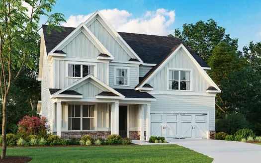 Two-story white suburban house with dark roof, front porch, double garage, and landscaped yard under blue sky.