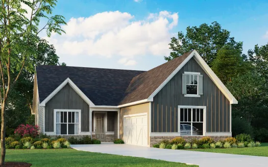 Modern single-story house with dark siding, white trim, a two-car garage, and landscaped yard under blue sky.