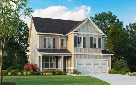 Modern two-story house with a front porch, double garage, and landscaped yard under a partly cloudy sky.