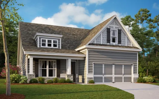 a house with a grey and blue exterior and front yard
