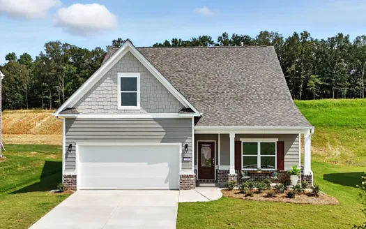 Modern gray single-family house with white garage door and manicured front lawn under clear sky