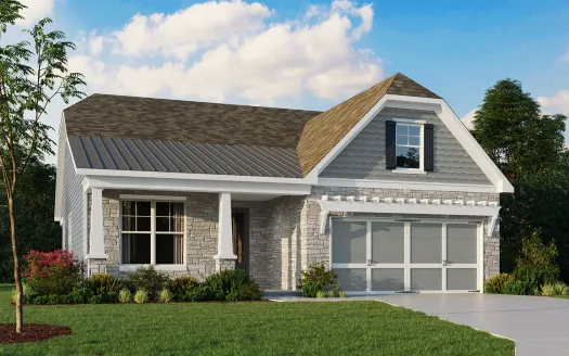 Modern single-story house with gray siding, stone facade, front porch, and attached two-car garage under blue sky.