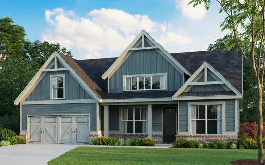 Blue two-story house with three garage doors, large windows, and a well-maintained green lawn under a cloudy sky