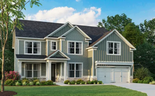 Two-story modern farmhouse with gray siding, white trim, front porch, and double garage surrounded by green lawn and trees.