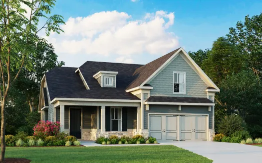 Two-story suburban house with gray siding, black roof, landscaped yard, and double garage on a sunny day