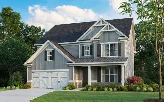 Modern two-story gray house with a double garage, front porch, and landscaped yard under a blue sky.