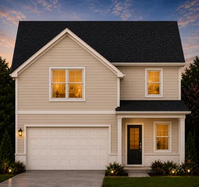 Two-story beige suburban house with black roof, lit windows, garage door, and front porch at sunset.