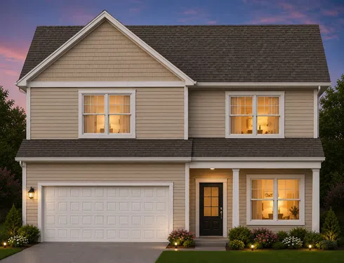 Two-story beige house with lit windows, black front door, white garage door, and landscaped garden at dusk.