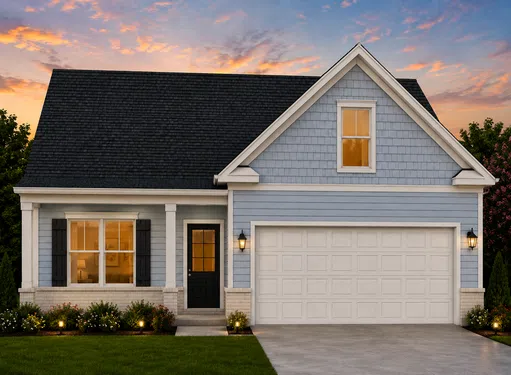 Blue suburban house with white garage, black roof, lit windows, and colorful sunset sky background