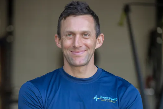 a man in a blue shirt