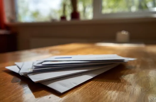 a stack of mail on a wooden table
