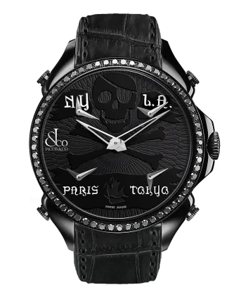 Palatial Five Time Zone Pirate Black PVD Black Diamond Set Bezel